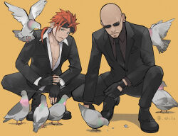 2boys aqua_eyes bald bare_pectorals bird black_gloves black_jacket black_necktie black_pants black_shirt black_shoes black_suit closed_mouth collarbone collared_shirt commentary earrings eyewear_on_head facial_hair final_fantasy final_fantasy_vii fingerless_gloves fingernails formal_clothes full_body glove_cutout gloves goatee jacket jewelry kneeling lapels layered_sleeves long_sleeves looking_to_the_side male_focus multiple_boys multiple_earrings necktie notched_lapels open_clothes open_shirt orange_background pants pectorals piercing pigeon red_hair reno_(ff7) rude_(ff7) shillo shirt shoes side-by-side sideways_glance suit suit_jacket sunglasses white_shirt wing_collar