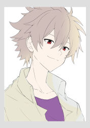1boy absurdres border chiyu_(bokunopiko) closed_mouth collarbone collared_shirt commentary_request crew_neck grey_hair hair_between_eyes highres male_focus nagisa_kaworu neon_genesis_evangelion open_clothes open_shirt purple_shirt red_eyes shirt short_hair solo upper_body white_background wing_collar
