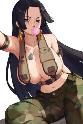 1girl arm_strap black_hair blue_eyes boa_hancock breasts camouflage camouflage_pants chest_harness chewing_gum cleavage collarbone commentary dog_tags earrings harness highres jewelry large_breasts long_hair looking_at_viewer marinelime navel no_bra no_shirt one_piece pants simple_background snake_earrings solo white_background