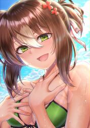 1girl animal_ears bikini blue_sky blush breasts brown_hair clover_hair_ornament commentary_request day donkikong_(pixiv17278003) fine_motion_(umamusume) front-tie_bikini_top front-tie_top green_eyes hair_between_eyes hair_ornament hair_ribbon hands_on_own_chest hands_up highres horse_ears looking_at_viewer medium_breasts multicolored_hair open_mouth outdoors ribbon sky smile solo swimsuit two-tone_hair umamusume upper_body wet wet_face wet_hair white_hair