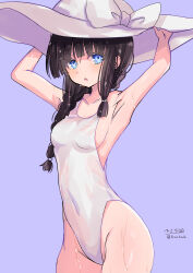 Rule 34 | 1girl, absurdres, armpits, arms up, black hair, blue eyes, blunt bangs, braid, breasts, cowboy shot, grey background, hair over shoulder, hat, highleg, highleg one-piece swimsuit, highres, hizaka, kantai collection, kitakami (kancolle), long hair, one-hour drawing challenge, one-piece swimsuit, simple background, single braid, small breasts, solo, sun hat, swimsuit, wet, white hat, white one-piece swimsuit