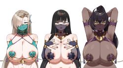 Rule 34 | 3girls, alternate costume, alternate hairstyle, arabian clothes, armpits, arms behind head, asuna (blue archive), bdsm, black hair, blonde hair, blue archive, blue eyesbreast curtain, breast curtain, breast curtains, breast press, breasts, collar, commentary, commission, dancer, dark-skinned female, dark nipples, dark skin, elbow gloves, english commentary, gloves, gold armlet, hair ribbon, harem, harem outfit, head ornament, heart pasties, highres, huge breasts, jewelry, karin (blue archive), large areolae, linked piercing, long hair, mask, metal collar, mouth veil, multiple girls, nail polish, nipple bells, nipple piercing, nipples, no halo, non-web source, pasties, piercing, presenting armpit, purple hair, purple pasties, red eyes, ribbon, rio (blue archive), see-through breast curtain, see-through clothes, see-through mask, simple background, slave, smile, star (symbol), star pasties, veil, very long hair, wozzu, yellow eyes