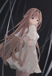 1girl absurdres alternate_costume arms_behind_back black_background breasts brown_hair commentary_request cowboy_shot doll_joints dress from_behind hair_intakes herta_(honkai:_star_rail) hey_catia highres honkai:_star_rail honkai_(series) joints long_hair looking_at_viewer looking_back medium_breasts parted_lips purple_eyes short_sleeves solo very_long_hair white_dress