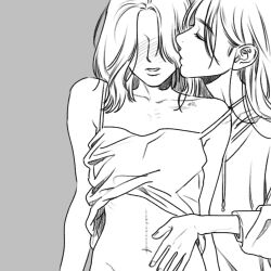 2girls blush camisole camisole_lift closed_eyes clothes_lift collarbone commentary_request friendly_rivalry grabbing_another&#039;s_breast greyscale groin groping hand_on_another&#039;s_shoulder highres korean_commentary long_hair mole mole_on_nose monochrome multiple_girls parted_lips scar scar_on_arm scar_on_stomach strap_slip woo_seul-gi yoo_je-i yuri yuriwomenfuta
