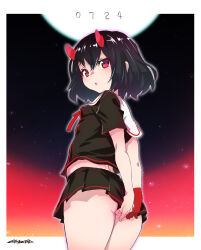 Rule 34 | 1girl, :o, ass, black hair, black panties, black shirt, black skirt, border, breasts, cowboy shot, from behind, gloves, highres, horns, light blush, looking at viewer, looking back, microskirt, moon, mudou eichi, neck ribbon, night, night sky, original, panties, pleated skirt, red eyes, red gloves, red horns, red ribbon, ribbon, sailor collar, shirt, short hair, short sleeves, single glove, sketch, skirt, sky, small breasts, solo, star (sky), starry sky, underwear, white border, white sailor collar