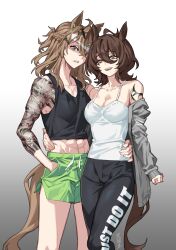 Rule 34 | 2girls, agnes tachyon (umamusume), ahoge, animal ears, arm tattoo, black pants, black tank top, braid, breasts, camisole, chemical structure, clenched teeth, crossed bangs, drawstring, ear ornament, earrings, glaring, gradient background, green shorts, hair between eyes, hair ornament, hairclip, half up half down braid, hand in pocket, hand on another&#039;s waist, highres, horse ears, horse girl, horse tail, jewelry, jungle pocket (umamusume), looking at viewer, matoi sakuretsu, medium breasts, medium hair, multiple earrings, multiple girls, notched ear, pants, parted lips, red eyes, shorts, single earring, small breasts, smile, staring, tail, tank top, tattoo, teeth, umamusume, upper teeth only, white camisole, wolf cut, yellow eyes, yuri