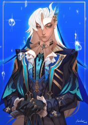 Rule 34 | 1boy, absurdres, ascot, asymmetrical bangs, black gloves, blue background, blue coat, blue eyes, blue hair, cane, closed mouth, coat, genshin impact, gloves, hair between eyes, highres, holding, holding cane, inset border, long hair, looking at viewer, male focus, multicolored hair, neuvillette (genshin impact), own hands together, pointy ears, ripshinaide, solo, streaked hair, upper body, water drop, white ascot, white hair
