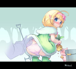 1girl ahoge blonde_hair blue_eyes blush boots bucket fam_valhoef food forest hair_ribbon highres holding holding_food iris_mysteria! looking_back moroheiya_(takushiage) nature nose_blush panties pet pig pink_panties pink_ribbon pointy_ears polka_dot polka_dot_panties ribbon skirt skirt_flip squatting underwear