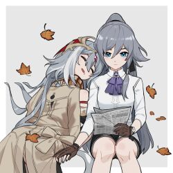 Rule 34 | 2girls, absurdres, ascot, autumn leaves, black nails, black shorts, blue eyes, border, brown coat, brown gloves, brown scarf, chinese commentary, closed eyes, closed mouth, clothes blanket, coat, collared shirt, commentary request, drooling, falling leaves, fu hua, fu hua (hawk of the fog), herrscher of sentience, fu hua (valkyrie accipiter), gloves, grey background, grey hair, hair between eyes, head on another&#039;s shoulder, high ponytail, highres, holding, holding hands, holding newspaper, honkai (series), honkai impact 3rd, invisible chair, knees together feet apart, leaf, long hair, long sleeves, low-tied sidelocks, multicolored hair, multiple girls, nail polish, newspaper, no eyewear, open mouth, ponytail, purple ascot, rafaelaaa, scarf, shirt, shorts, sidelocks, simple background, single sidelock, sitting, sleeping, streaked hair, two-tone hair, unworn coat, very long hair, watch, white border, white hair, white shirt, wing collar, wristwatch, yuri