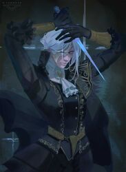 1girl ascot asymmetrical_bangs black_gloves blonde_hair blue_eyes blue_surcoat bustle capelet cowboy_shot dagger duchess_(elden_ring) elden_ring elden_ring_nightreign eye_mask frilled_shirt_collar frills gloves highres knife looking_at_viewer official_alternate_costume parted_bangs signature simple_background solo sparkle varrulin_(sandpontiff) weapon white_ascot