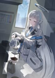 1girl absurdres blue_archive blue_necktie blue_sky calendar_(object) closed_mouth coat coffee_maker coffee_mug coffee_pot commentary_request cup day formal_clothes halo headgear highres holding holding_kettle indoors jacket kettle long_hair mechanical_halo moca_suzuka mug necktie noa_(blue_archive) open_clothes open_jacket pouring sidelighting skirt sky smile solo suit very_long_hair white_coat white_hair white_halo white_jacket white_skirt white_suit