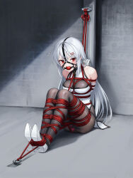 1girl absurdres anal anal_object_insertion arms_behind_back ball_gag bare_shoulders bdsm black_pantyhose bondage bound bound_ankles bound_arms bound_breasts bound_calves bound_feet bound_legs bound_thighs bound_torso bound_wrists breast_bondage breasts china_dress chinese_clothes commentary_request crotch_rope dildo dildo_harness double_penetration dress drooling elbow_gloves female_focus forced_orgasm gag gag_harness gagged gloves grey_hair hair_ornament high_heels highres indoors kumachi_(aikawaakeya) large_variant_set long_hair looking_at_viewer medium_breasts object_insertion original pantyhose red_eyes restrained saliva saliva_trail sex_toy shibari shibari_over_clothes sitting skindentation solo tape taped_hands turtleneck turtleneck_dress vaginal vaginal_object_insertion variant_set very_long_hair vibrator