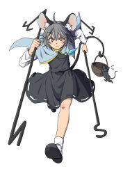 1girl ahoge animal_ear_fluff animal_ears basket black_dress black_shoes blue_capelet capelet closed_mouth commentary_request dowsing_rod dress full_body grey_hair highres holding holding_basket holding_weapon inuno_rakugaki jewelry long_sleeves looking_at_viewer mouse_(animal) mouse_ears mouse_girl mouse_tail nazrin necklace prehensile_tail red_eyes running shoes short_hair simple_background socks solo tail touhou v-shaped_eyebrows weapon white_background white_socks