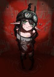 1girl absurdres arms_behind_back bandaid_on_chest black_hair black_horns black_thighhighs blood blood_on_clothes bonetaker2 bug bullet_hole centipede combat_helmet elf elfinpsyop fly from_above goggles goggles_on_headwear green_eyes green_hair green_thighhighs grey_shirt helmet highres horns indie_virtual_youtuber insect long_hair looking_at_viewer multicolored_hair pointy_ears pool_of_blood shirt solo streaked_hair striped_clothes striped_thighhighs thighhighs very_long_hair virtual_youtuber