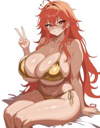 1girl absurdres ahoge alternate_costume ass bikini breasts cleavage collarbone commentary cowboy_shot english_commentary goddess_of_victory:_nikke gold_bikini hair_between_eyes hand_up highres huge_breasts jewelry long_hair looking_at_viewer messy_hair naggarron nail_polish navel nihilister_(nikke) no_armor red_eyes red_hair ring side-tie_bikini_bottom simple_background sitting slit_pupils smile solo swimsuit v very_long_hair white_background yellow_nails