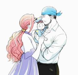 1boy 1girl ^_^ alternate_costume archie_(pokemon) baby bandana beard black_hair black_pants blue_bandana carrying carrying_baby carrying_person casual chinstrap_beard chips_n_cookies closed_eyes couple dress facial_hair family father_and_child from_side hetero husband_and_wife if_they_mated jewelry kiss limited_palette long_hair low_ponytail mother_and_child mustache necklace nintendo orange_hair pants parent_and_child pokemon pokemon_rse ponytail profile purple_dress shelly_(pokemon) shirt short_hair sleeves_rolled_up smile team_aqua very_short_hair white_shirt