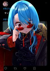 1girl blue_hair blue_nails coat coat_on_shoulders commentary_request earrings glaring highres hololive hoshimachi_suisei jewelry kuuneru514 long_hair looking_at_viewer parted_lips red_eyes solo sunglasses twitter virtual_youtuber