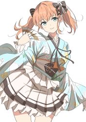 Rule 34 | 1girl, 37.5c no fantasy, aqua eyes, bien (djpwjd1), black bow, black sash, blue kimono, bow, bow print, breasts, closed mouth, commentary, cowboy shot, folding fan, hair bow, hand fan, highres, hinoshita kaho, holding, holding fan, japanese clothes, kimono, kimono skirt, large breasts, layered sleeves, link! like! love live!, long sleeves, love live!, medium hair, miniskirt, obi, obiage, obijime, official alternate costume, official alternate hairstyle, orange hair, pleated skirt, print kimono, sash, sidelocks, simple background, skirt, smile, solo, twintails, two-tone sash, virtual youtuber, white background, white sash, white skirt