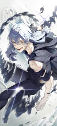 1boy absurdres air_(ai_r_) blue_eyes blue_hair chain_blades chain_whip fangs hair_ornament hair_scrunchie heterochromia highres jujutsu_kaisen long_hair low-tied_long_hair mahito_(jujutsu_kaisen) male_focus open_mouth scrunchie signature smile solo stitched_arm stitched_face stitched_neck stitches yellow_eyes