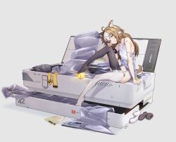 1girl absurdres animal_ears asymmetrical_pants bandaid bandaid_on_shoulder bare_shoulders black_skirt blue_eyes blush breasts brown_hair camisole clothes_pull commentary_request cube from_side full_body girls&#039;_frontline girls&#039;_frontline_neural_cloud groin hand_on_own_knee hannah_(neural_cloud) highres knee_up leaning_forward looking_at_viewer lotan multicolored_hair necktie pants pants_pull pleated_skirt skirt small_breasts smile solo tail two-tone_hair unworn_skirt waking_up white_camisole white_hair yellow_necktie
