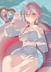 1girl afloat blue_eyes bracelet braid braided_ponytail breasts drink hair_between_eyes highres hololive innertube jewelry large_breasts long_hair looking_at_viewer pink_hair smile solo sunglasses swim_ring swimsuit takane_lui virtual_youtuber water yamagamiamami