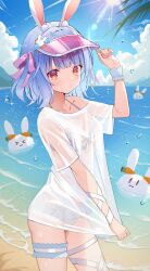 1girl animal_ears beach bikini bikini_skirt bikini_under_clothes blue_bikini blue_hair blush breasts commentary_request cowboy_shot frilled_bikini frilled_thigh_strap frills hat highres hololive leg_ribbon lens_flare looking_at_viewer ocean official_alternate_costume official_alternate_hair_length official_alternate_hairstyle outdoors paid_reward_available parted_hair pekomon_(usada_pekora) pink_hat rabbit-shaped_pupils rabbit_ears red_eyes ribbon see-through_clothes see-through_shirt shirt shirt_tug short_eyebrows small_breasts solo swimsuit symbol-shaped_pupils tauta_(meshia8787) thick_eyebrows thigh_strap usada_pekora usada_pekora_(summer) virtual_youtuber visor_cap wet wet_clothes white_shirt wrist_ribbon