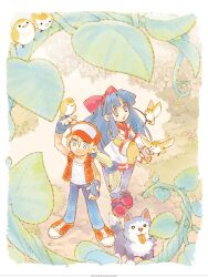 Rule 34 | 1boy, 1girl, ainu clothes, arm up, baseball cap, bird, blonde hair, blue eyes, blue hair, breasts, denim, dog, fatal fury, fingerless gloves, gloves, hair ribbon, hand on own hip, hat, highres, jacket, jeans, long hair, looking at viewer, medium breasts, nakoruru, official art, open clothes, open jacket, open mouth, outstretched arms, pants, ribbon, samurai spirits, smile, snk, terry bogard, the king of fighters, tongue