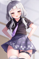 1girl :d ahoge arched_bangs belt black_belt black_shirt blurry blurry_background braid breast_pocket buttons collared_shirt commentary_request contrapposto day fang from_below green_eyes grey_hair hair_ornament hands_on_own_hips high-waist_skirt highres hololive hoshino_reiji indoors light_blush light_rays long_hair looking_at_viewer low_twintails multicolored_eyes murasaki_shion murasaki_shion_(school_uniform) necktie official_alternate_costume official_alternate_hairstyle open_mouth orange_eyes pleated_skirt pocket purple_necktie purple_skirt shirt shirt_tucked_in short_sleeves single_braid skirt smile star_(symbol) star_hair_ornament striped_clothes striped_thighhighs sunbeam sunlight thigh_belt thigh_strap thighhighs twintails two-tone_eyes v-shaped_eyebrows virtual_youtuber