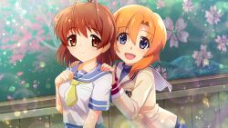 2girls :d antenna_hair blue_eyes blue_sailor_collar blue_sky brown_eyes brown_hair chalkboard cherry_blossoms clannad classroom closed_mouth cosplay costume_switch cowboy_shot crossover furukawa_nagisa game_cg hand_on_own_chest hands_on_another&#039;s_shoulders highres higurashi_no_naku_koro_ni higurashi_no_naku_koro_ni_mei hikarizaka_private_high_school_uniform indoors jacket lens_flare light_particles long_sleeves looking_at_viewer multiple_girls necktie non-web_source official_art open_mouth orange_hair ryuuguu_rena sailor_collar school_emblem school_uniform shirt short_hair short_sleeves sky smile sparkle standing white_sailor_collar white_shirt yellow_jacket yellow_necktie