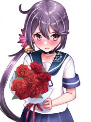 1girl ahoge akebono_(kancolle) akebono_kai_ni_(kancolle) awayuki_uyuko bell black_choker blue_neckerchief blue_sailor_collar blue_skirt bouquet choker dress flower hair_bell hair_flower hair_ornament highres jingle_bell kantai_collection neckerchief one-hour_drawing_challenge pleated_dress purple_eyes purple_hair sailor_collar school_uniform serafuku side_ponytail simple_background skirt solo white_background