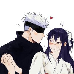 1boy 1girl annoyed black_jacket blue_hair brown_eyes commentary covered_eyes english_commentary gojou_satoru grey_hair hair_ribbon heart hetero highres iori_utahime jacket japanese_clothes jujutsu_kaisen long_hair long_sleeves matchi_(ginger.8) miko o3o own_hands_together ribbon scar scar_on_face short_hair simple_background sweatdrop upper_body white_background