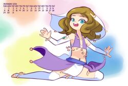 1girl 2024 20s anklet bikini blue_eyes blush bracelet bridal_gauntlets brown_hair calendar collarbone dancer december disney drantyno flat_chest gloves harem_outfit highres jewelry jumping loli long_hair looking_at_viewer multicolored_background navel navel_piercing necklace open_mouth piercing purple_bikini purple_skirt skirt smile sofia_(disney) sofia_the_first swimsuit teeth thighhighs thighlet toeless_legwear veil white_gloves white_thighhighs