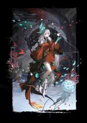 Rule 34 | 1girl, aqua gloves, aqua headwear, arknights, ascot, bare shoulders, black ascot, black ribbon, boots, border, breasts, character name, clothing cutout, detached sleeves, dress, fish, full body, gloves, grey hair, hand up, hat, highres, holding, holding staff, leg ribbon, long hair, long sleeves, looking at viewer, low-tied long hair, medium breasts, navel cutout, official alternate costume, open mouth, red dress, red eyes, ribbon, shayu pao jiao, short dress, skadi (arknights), solo, staff, very long hair, white boots, white footwear, white hair, wide sleeves