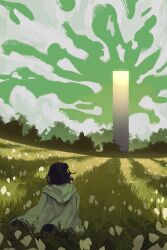 Rule 34 | 1girl, black hair, cloud, cloudy sky, coat, field, flower, flower field, forest, fruiitlins, full body, green theme, highres, hood, hood down, looking at object, meadow, medium hair, nature, obelisk, original, shadow, sky, solo, upper body, walking, white coat