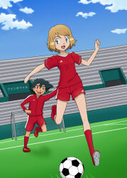 Rule 34 | 1boy, 1girl, adidas, ahoge, alternate hair length, alternate hairstyle, arm up, ash ketchum, ball, black hair, blonde hair, blue eyes, breasts, brown eyes, clenched hands, day, eyelashes, fankifalu, full body, hair between eyes, happy, highres, long sleeves, neck, nintendo, open mouth, outdoors, outstretched arms, playing sports, pokemon, pokemon (anime), red shirt, red shorts, running, serena (pokemon), shirt, shoes, short hair, short shorts, shorts, sidelocks, sky, small breasts, sneakers, soccer ball, soccer field, soccer uniform, socks, sportswear, swept bangs, t-shirt