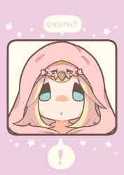 Rule 34 | !, 1boy, 1other, absurdres, blonde hair, blue eyes, closed mouth, colored skin, commentary, commentary request, english text, highres, hood, hood up, hoodie, johnny joestar, jojo no kimyou na bouken, looking at viewer, m a a m 8, medium hair, on head, pink hoodie, pink skin, pink theme, speech bubble, spoken exclamation mark, stand (jojo), star (symbol), steel ball run, tusk (stand), tusk act1