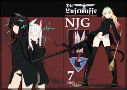 3girls animal_ears bad_id bad_pixiv_id black_hair black_legwear black_panties blonde_hair boots german_text glasses gloves green_eyes grey_eyes groin gun heidimarie_w._schnaufer heinrike_prinzessin_zu_sayn-wittgenstein helmina_lent high-explosive_anti-tank_(warhead) hirschgeweih_antennas machine_gun man-portable_anti-tank_systems military military_uniform multiple_girls no_pants noble_witches panties panzerfaust recoilless_gun shell_casing shimada_fumikane silver_hair smile strike_witches tail text_focus thighhighs translated underwear weapon world_witches_series