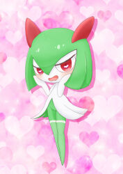 1girl artist_name blush bob_cut clothed_pokemon colored_skin creatures_(company) drooling drop_shadow female_focus fishnet_thighhighs fishnets flat_chest full_body game_freak gen_3_pokemon green_hair green_skin groin hair_between_eyes half-closed_eyes hands_on_own_cheeks hands_on_own_face hands_up happy heart heart-shaped_pupils heart_background kirlia kuro_hanashi_mi lace lace-trimmed_thighhighs lace_trim legs legs_together looking_at_viewer mouth_drool multicolored_skin nintendo no_feet open_mouth pink_background pokemon pokemon_(creature) red_eyes short_hair sidelocks signature smile solo standing symbol-shaped_pupils thighhighs two-tone_skin white_skin white_thighhighs