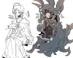 Rule 34 | 1girl, bloodborne, bonnet, cloak, closed eyes, eldritch abomination, fingerless gloves, gloves, hat, highres, hunter (bloodborne), hunter (great one) (bloodborne), lolita fashion, long skirt, melo ( suzume o ), plain doll, skirt, tentacles