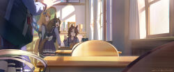 4girls :d \m/ animal_ears bag blonde_hair blue_bow bow bowtie brown_hair chair classroom curtains daitaku_helios_(umamusume) dated desk ear_bow frilled_skirt frills from_behind gold_city_(umamusume) hair_ribbon highres horse_ears horse_girl horse_tail horseshoe_ornament long_hair long_sleeves mejiro_palmer_(umamusume) multicolored_hair multiple_girls omamori open_mouth out_of_frame pleated_skirt purple_serafuku purple_shirt purple_skirt ribbon sailor_collar sailor_shirt school_bag school_desk school_uniform serafuku shirt skirt smile streaked_hair tail takuzui tosen_jordan_(umamusume) tracen_school_uniform trophy twintails twitter_username umamusume white_bow white_bowtie window
