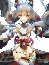 1girl 4me3ba_niku animal_ears bare_shoulders blunt_bangs breasts cat_ears chest_jewel closed_mouth covered_navel facial_mark grey_hair highres leotard long_hair looking_at_viewer nia_(xenoblade) simple_background small_breasts smile solo thighhighs thighs twintails very_long_hair xenoblade_chronicles_(series) xenoblade_chronicles_2 yellow_eyes