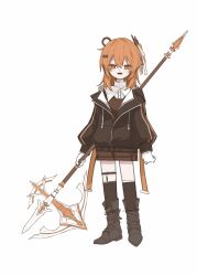 1girl a.i._voice adachi_rei alternate_costume axe battle_axe black_jacket black_socks boots full_body highres holding holding_weapon jacket kneehighs kuuurusuke legwear_garter long_sleeves looking_at_viewer medium_hair open_mouth orange_eyes orange_hair simple_background socks solo standing utau weapon white_background white_boots