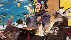 armor au_ra blue_flower blue_sky eating final_fantasy final_fantasy_xiv flower food hair_flower hair_ornament highres japanese_armor japanese_clothes jewelry kimono kine lamppost lantern long_sleeves mallet masayoshi_inoue mochi mochi_trail necklace nezumi_bugyo open_mouth outdoors paper_lantern ponytail qiqirn signature sitting sky smile wide-eyed