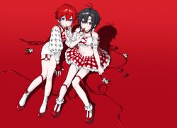 Rule 34 | 2girls, :o, absurdres, antenna hair, black hair, blue eyes, braid, checkered clothes, checkered skirt, detached sleeves, earrings, fingerless gloves, food, from above, fruit, full body, gloves, hair between eyes, highres, holding, holding food, holding fruit, hoop earrings, idolmaster, idolmaster million live!, jewelry, julia (idolmaster), kikuchi makoto, looking at viewer, midriff, multiple girls, navel, o-ring, o-ring thigh strap, puffy detached sleeves, puffy sleeves, red background, red gloves, red hair, red ribbon, red shoes, ribbon, shadow, shoes, short hair, simple background, single fingerless glove, sitting, skirt, socks, strawberry, thigh strap, vickyycy99, white socks