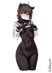 Rule 34 | 1girl, artist name, black bodysuit, black sailor collar, blush, bodystocking, bodysuit, breasts, brown eyes, brown hair, clothes lift, commentary request, covered navel, cropped legs, ebifurya, hair flaps, hatsuzuki (kancolle), highres, kantai collection, lifting own clothes, long sleeves, looking at viewer, no pants, one-hour drawing challenge, sailor collar, school uniform, serafuku, shirt, shirt lift, short hair, simple background, small breasts, solo, twitter username, white background, white shirt