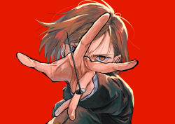 1girl black_shirt brown_eyes brown_hair buttons do_wahahaha hair_behind_ear high_collar highres holding holding_nail jujutsu_kaisen jujutsu_tech_uniform kugisaki_nobara long_sleeves looking_at_viewer nail nail_(hardware) outstretched_arm red_background shirt shirt_under_shirt short_hair simple_background slit_pupils solo white_shirt