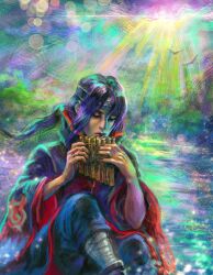 1boy akatsuki_uniform bird black_eyes black_nails black_pants cloudshores colored_sclera crow forehead_protector highres instrument jewelry konohagakure_symbol light_particles light_rays long_hair music naruto_(series) pan_flute pants playing_instrument ponytail purple_hair red_sclera ring solo uchiha_itachi wide_sleeves