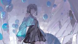 1girl absurdres balloon bare_shoulders black_choker black_dress black_hair blue_eyes blue_jacket blue_theme blue_umbrella choker commentary_request cowboy_shot cropped_jacket dress escalator faceless from_below hair_bun highres holding holding_umbrella jacket long_sleeves looking_at_viewer messy_hair mo011010 oil-paper_umbrella open_clothes open_jacket open_mouth original puffy_sleeves short_hair sidelocks silhouette single_hair_bun solo_focus umbrella
