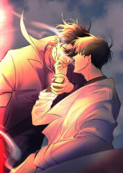 2boys black_coat black_hair cloud cloudy_sky coat elbow_rest grabbing_another&#039;s_chin hair_flowing_over hair_over_one_eye hand_on_another&#039;s_chin hand_on_another&#039;s_wrist hand_up highres imminent_kiss implied_yaoi kim_dokja multiple_boys omniscient_reader&#039;s_viewpoint popped_collar raya_(000_unseen) short_hair sky smoke warm_colored white_coat yellow_eyes yoo_joonghyuk