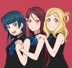 3girls bare_shoulders black_shirt blue_bow blue_bowtie blue_hair blue_necktie blue_ribbon bow bowtie braid closed_mouth collared_shirt commentary crown_braid grin guilty_kiss_(love_live!) hair_bun hair_rings highres love_live! love_live!_sunshine!! multiple_girls neck_ribbon necktie ohara_mari open_mouth orange_eyes parted_bangs pink_eyes plaid_bow plaid_bowtie plaid_clothes plaid_necktie plaid_ribbon red_background red_hair ribbon sakurauchi_riko sano_keiichi shirt simple_background single_hair_intake single_hair_ring single_side_bun sleeveless sleeveless_shirt smile split_mouth teeth tsushima_yoshiko upper_body upper_teeth_only yellow_eyes